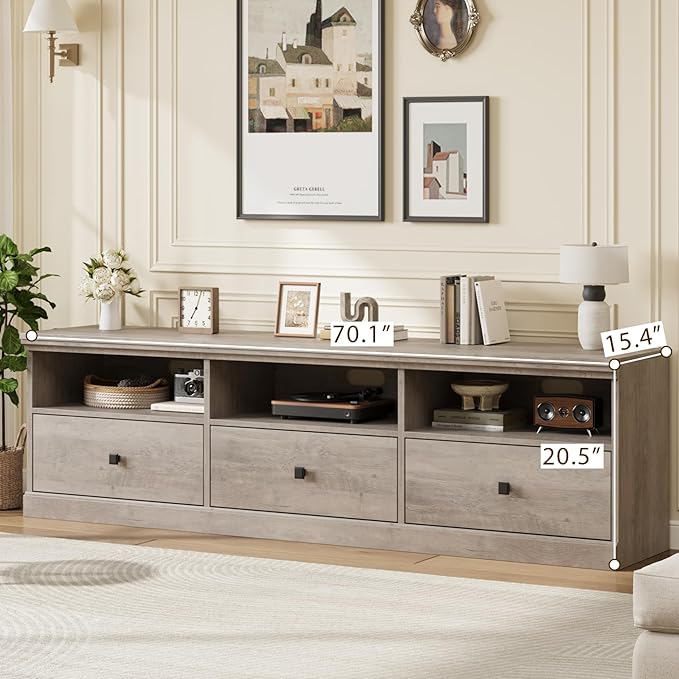 IDEALHOUSE 70in TV Stand for TVs up to 80", Mid Century Modern Entertainment Center with Storage Drawer and Open Shelves, TV Console Media Cabinet for Living Room, Bedroom, Rustic Gray