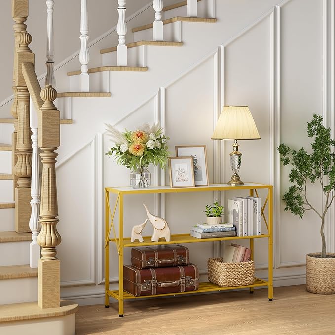 Hoctieon Gold Console Table, 3 Tier Entryway Table, Hallway Table, Narrow Sofa Table with Shelves, Entrance Table for Entryway, Gold and White