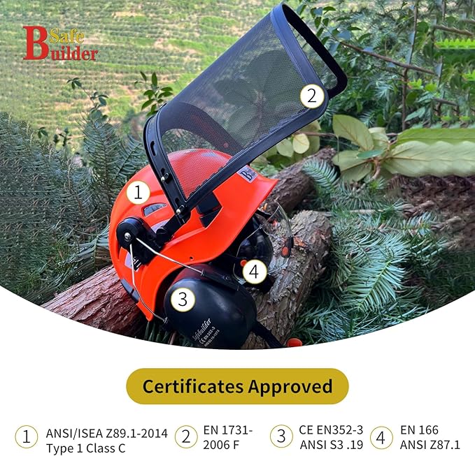 SAFEBUILDER  Forestry Safety Helmet with Build-in Visor Mesh Face Shield Ear Muffs 4 in 1 Chainsaw Safety Hard Hats