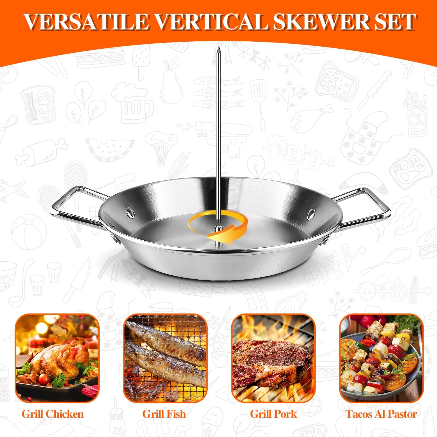 Al Pastor Skewer for Grill -Vertical Barbecue Stand Al Pastor, Kebabs, Shawarma, Gyros, with 10.5 inch base plate and 3 detachable sharp barbecue accessories (8”/10"/12”)& Brushes，Barbecue gloves