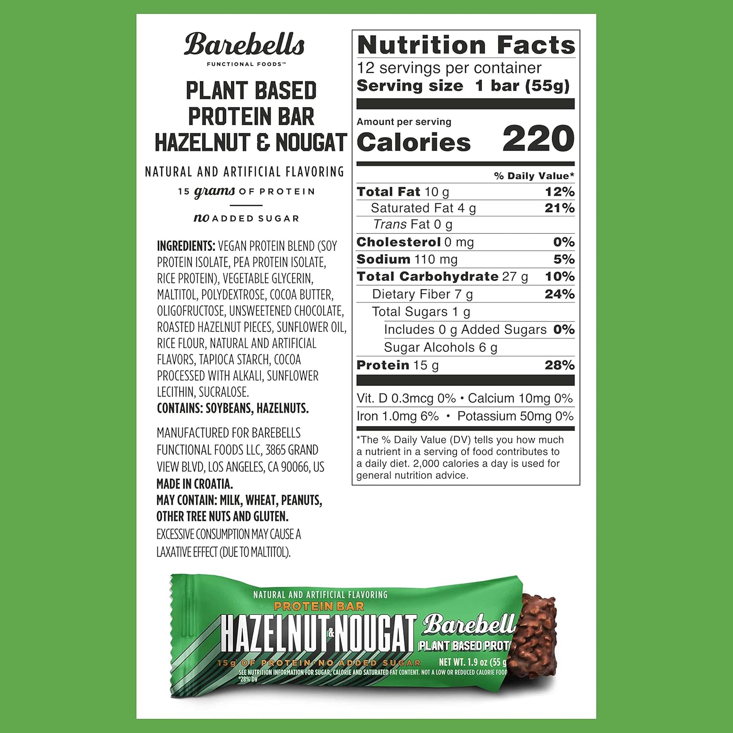 Barebells Plant-Based Protein Bar, Hazelnut Nougat, 1.9 oz, Pack of 12