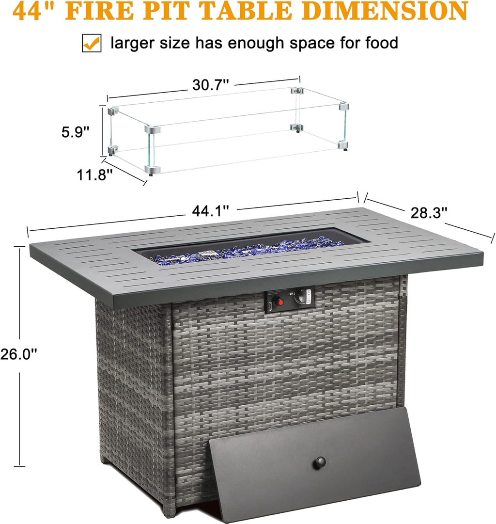 LayinSun 44" Propane Gas Fire Pit Table, 55000 BTU Rectangular Fire Pit with Glass Wind Guard for Outside Patio Deck Garden Backyard Gray-Aluminum Top