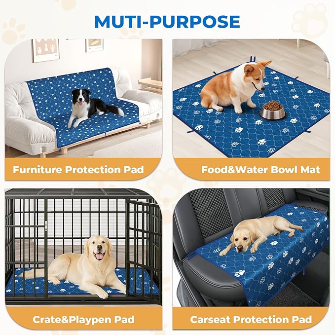 Fostanfly Washable Pee Pads for Dogs, 2 Pack Large 36"x41" Ultra-Absorbent and Leak-Proof Non-Slip Reusable Potty Training Pads for Dogs, Puppy & Cats of Add 8 Lanyards-Blue