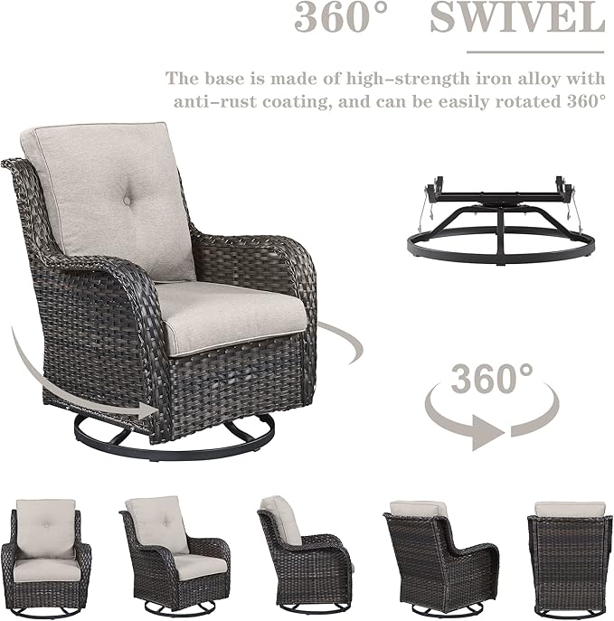 Outdoor Patio Furniture Set with 50000BTU Propane Fire Pit Table, 4 Pieces Wicker Patio Conversation Set with 2 Swivel Rocker Glider Chairs Rattan Sofa Beige Cushion Perfect for Gathering