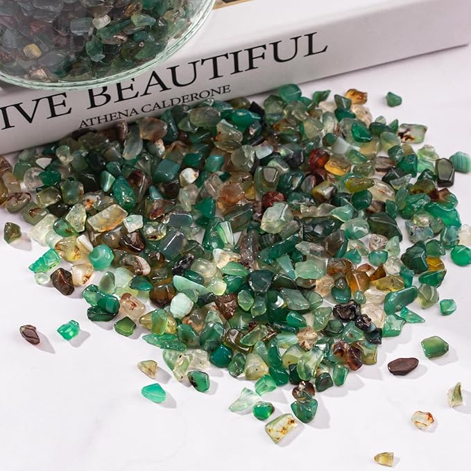 Green Agate Crushed Stone Tumbled Chips 0.88 Lb, Tumbled Polished Crystal Chips Bulk Natural Gemstones for Decorative Fish Tank Vase Fillers Aquarium Gravel Rocks