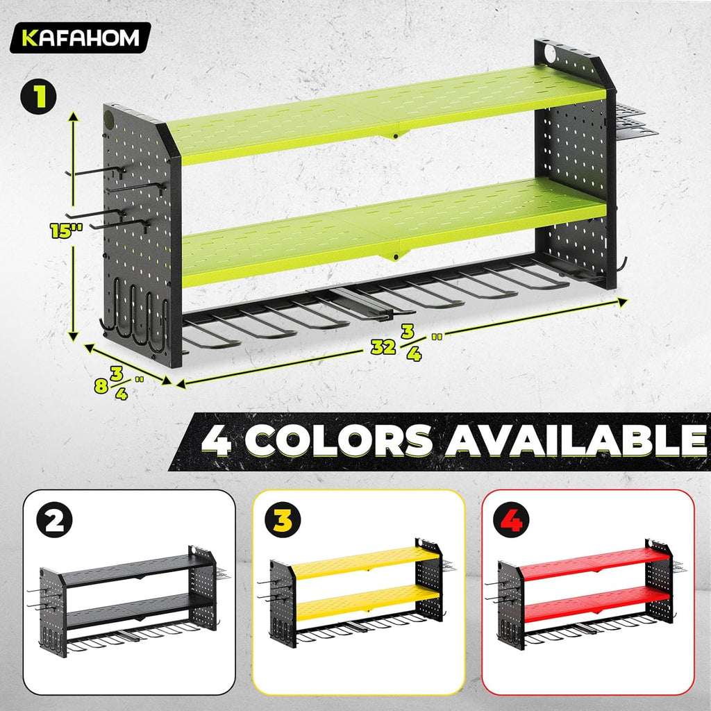 KAFAHOM Power Tool Organizer, Large 8 Drill Holder Wall Mount with 2 Side Pegboards, Heavy Duty Metal Tool Shelf with 12 Hooks, Storage Rack for Garage Organization, Battery Shelves - Green