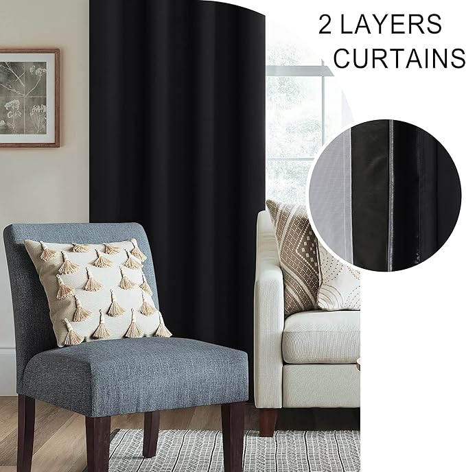 XWZO Full Shading Blackout Curtains 72 Inches Length - Heat and Light Blocking Rod Pocket Window Drapes with Black Liner Backing for Bedroom Sewn with Tiebacks, Black, W52 x L72, Set of 2