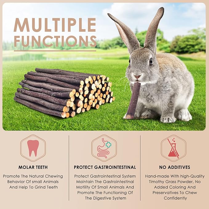 Bissap 120g/4.2oz Apple Sticks for Rabbits, Natural Bunny Chew Toys and Treats for Chinchilla Guinea Pig Hamster Gerbil Small Animals Pet Apple Wood Stick Toys Teeth Grinding