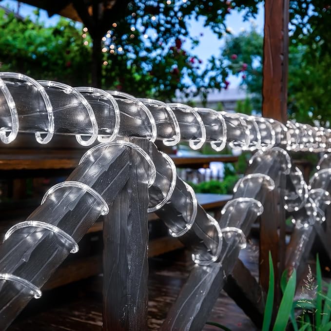 Solar Rope Lights, 66ft 200LED String, 8 Modes Waterproof Powered Outdoor, Flexible Clear Tube for Garden, Backyard, Patio, Deck, Porch, Pool, Tree Decorative - White
