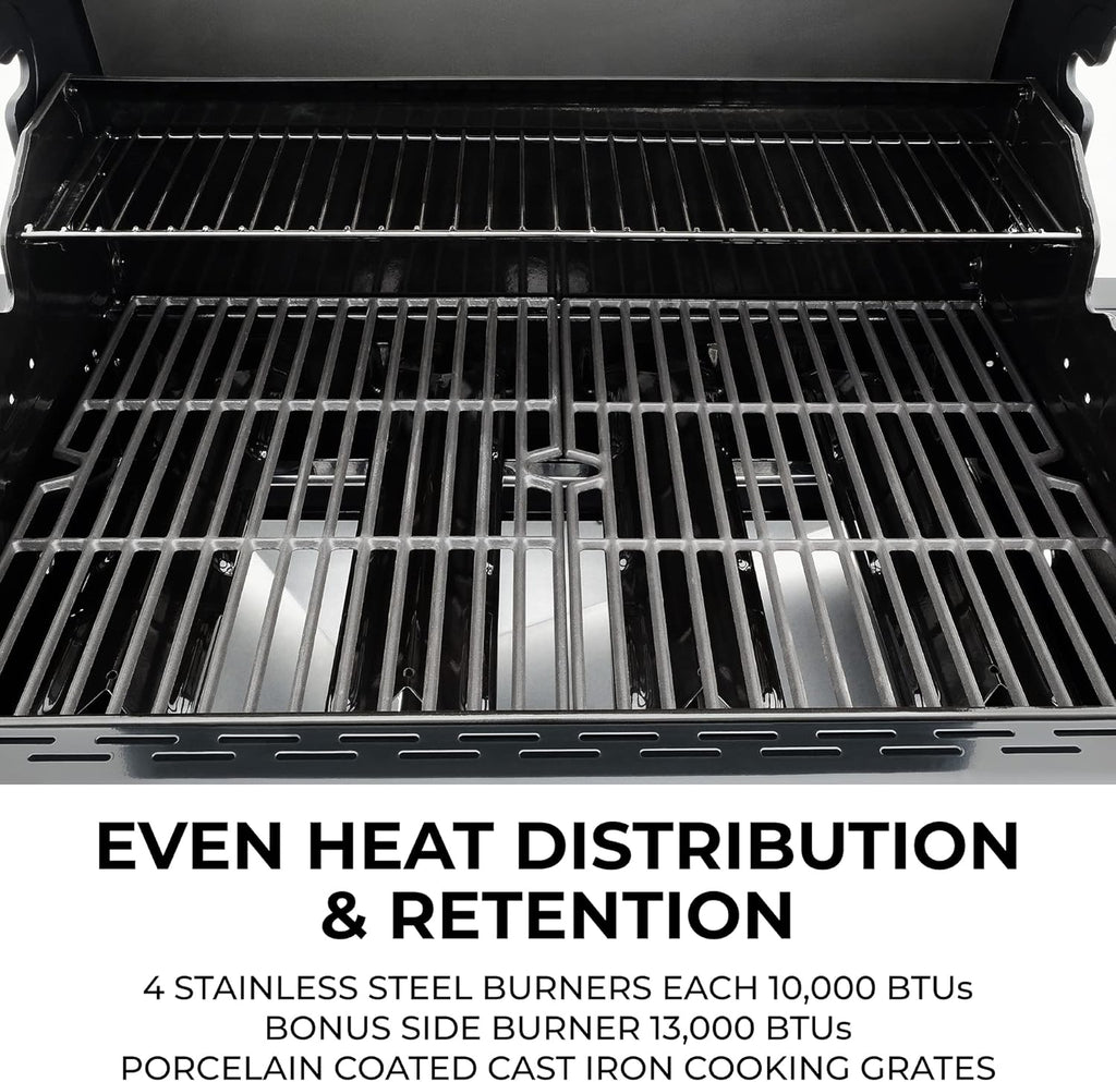 Kenmore 4-Burner Gas Grill with Side Burner, Outdoor BBQ Grill, Propane Gas Grill, Cast Iron Cooking Grates, Electronic Ignition, Warming Rack, Open Cart Design, 53000 BTUs, Stainless Steel