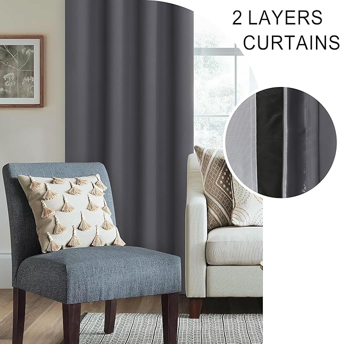 XWZO 100% Blackout Curtain Panels - Rod Pocket Thermal Insulated Black Liner, Noise Reducing and Heat Blocking Drapes for Hall and Studio Windows with Tiebacks, Dark Grey, W60 x L84, Set of 2