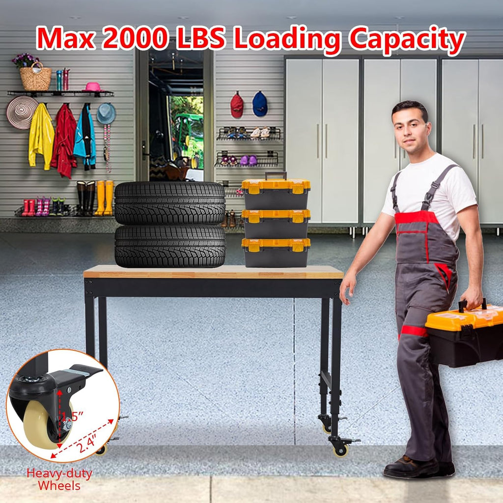 72" x 25" Heavy-Duty Adjustable Workbench with Power Outlets - 2000LB Capacity Garage Workbench, Rubberwood Top, Locking Wheels, Mobile Workstation for Workshop, Office & Home
