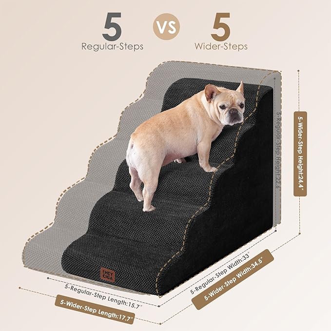EHEYCIGA Curved Dog Stairs Ramp for High Beds, 5-Step Extra Wide Dog Steps for Small Dogs and Cats, Pet Stairs for High Bed Climbing, Non-Slip Balanced Pet Step Indoor, Black
