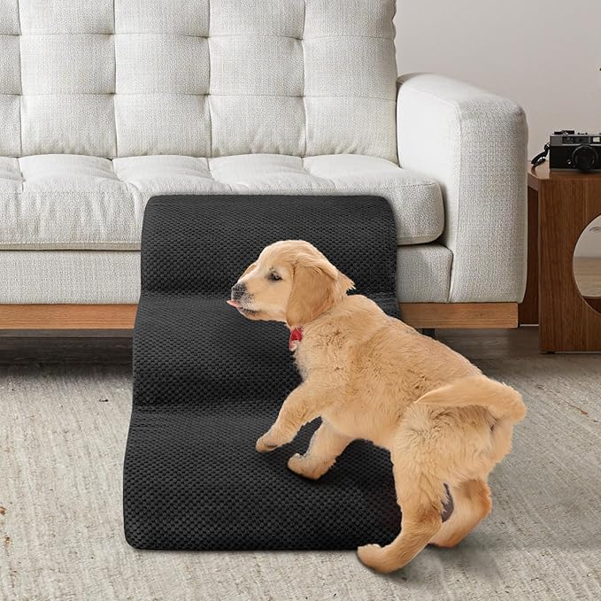 Dog Stairs for Small Dogs - High Density Foam Pet Steps, Extra Wide Dog Ramp with Non-Slip Bottom for High Beds, Couch and Sofa, Best for Dogs Injured, Older Doggy Cats,3 Steps, Black