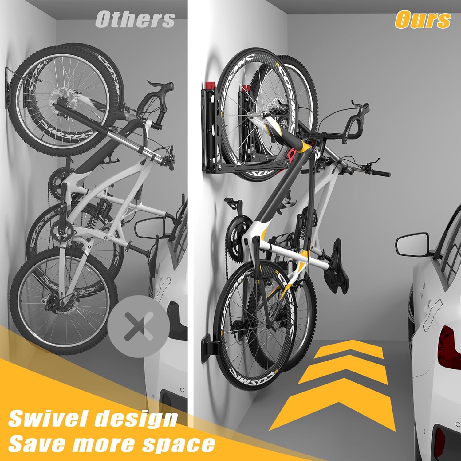 TORACK BIKEPAL No Lifting Swivel Bike Racks, Space Saving Wall Mounted Bike Holder for Garage, Bike Wall Hangers for Vertical Bike Storage (4 Pack)