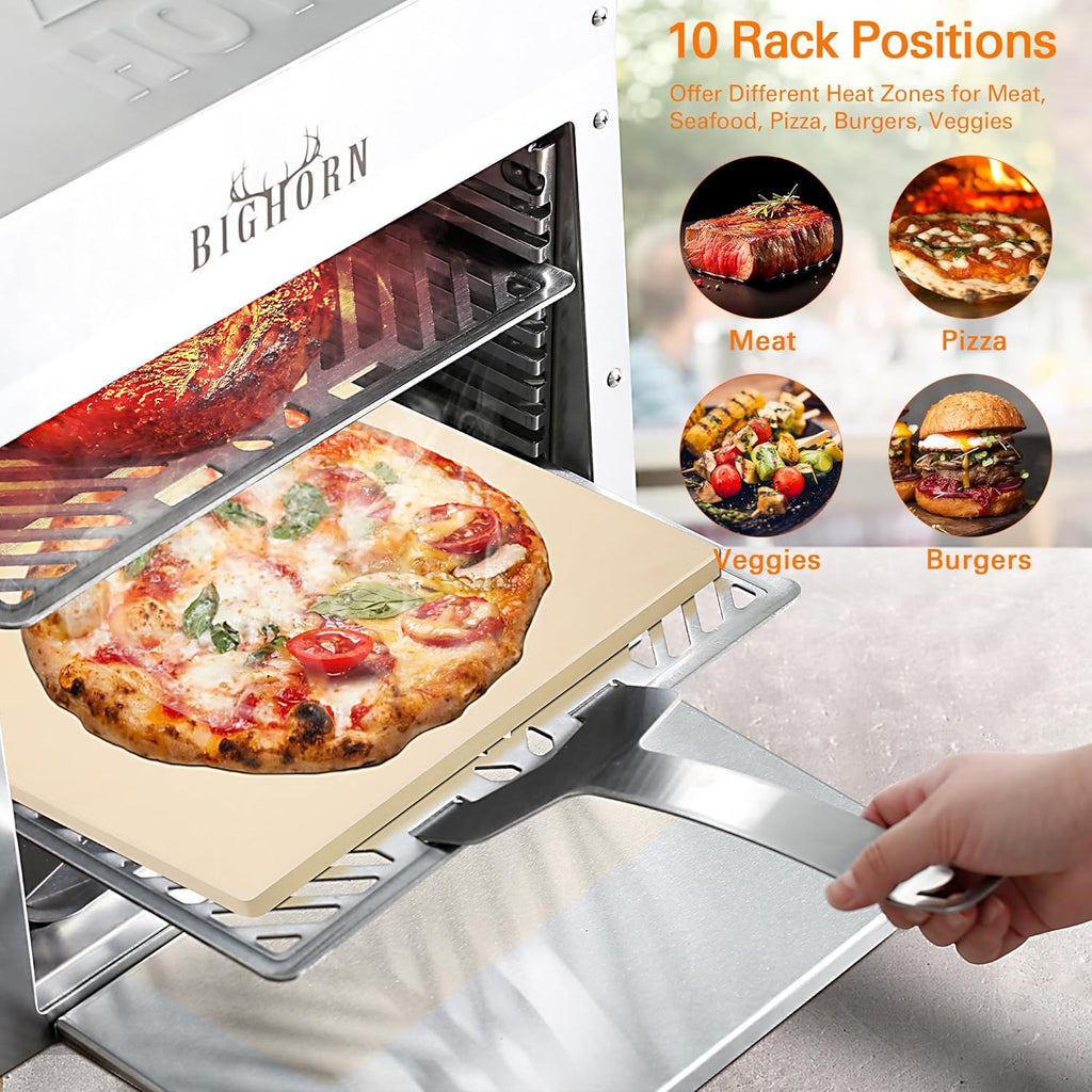 BIG HORN OUTDOORS 1500°F Small Infrared Propane Gas Grill – Portable Steak Broiler & Sear Station, Outdoor Salamander BBQ with Pizza Stone, Stainless Steel