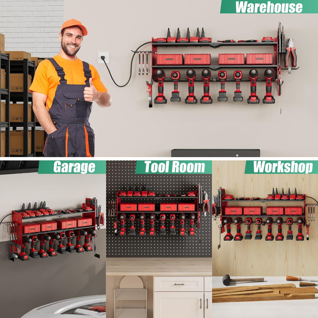 Suchtale Power Tool Organizer with Charging Station,33.2" Garage 8 Drill Holders Wall Mount,3 Layers Heavy Duty Metal Tool Shelf Built in 8 Outlets Power Strip, Gift for Men, Father, Red
