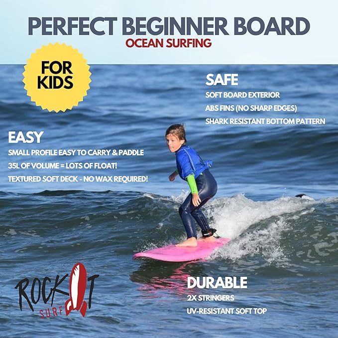 Rock-It 4'10" CHUB Soft Top Surfboard, Kids Surfboard, Mini Surfboard, Innovative Design Easy to Paddle and Maneuverable Small Surfboard and Beginner Surfboard (Red)
