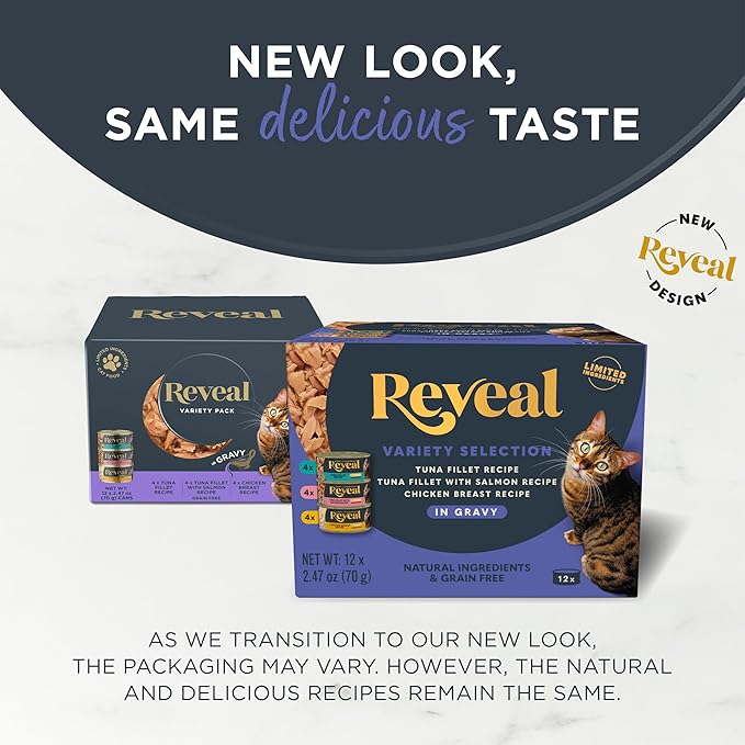 Reveal Natural Wet Cat Food, 12 Count, Grain Free, Limited Ingredient Canned Food for Cats, Fish and Chicken Variety in Gravy, 2.47 oz Cans