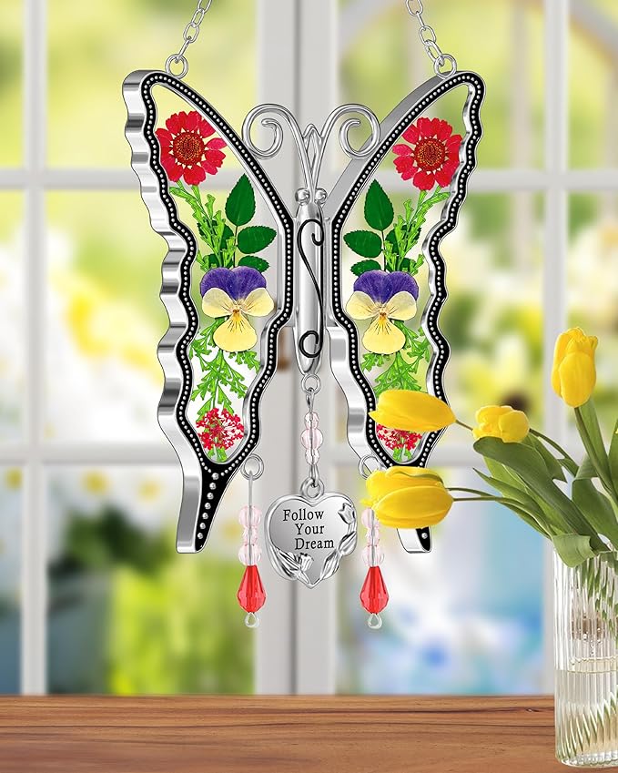 KY&BOSAM Butterfly Suncatcher Follow Your Dream Gifts for Mother Pressed Flower Between Wings Glass Hanging for Windows Charm Birthday Gifts for Women Mother's Day Valentine's Thanksgiving Christmas