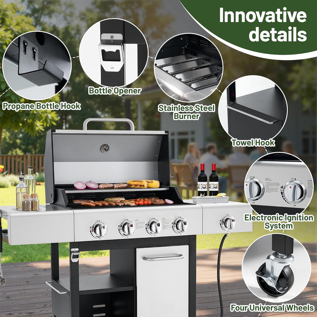 4-Burner Propane Gas Grill with Side Burner & Cabinet, 50,000 BTU Outdoor BBQ Grill with Porcelain-Enameled Cast Iron Grates, Stainless Steel Barbecue Grill for Outdoor Cooking (Silver)