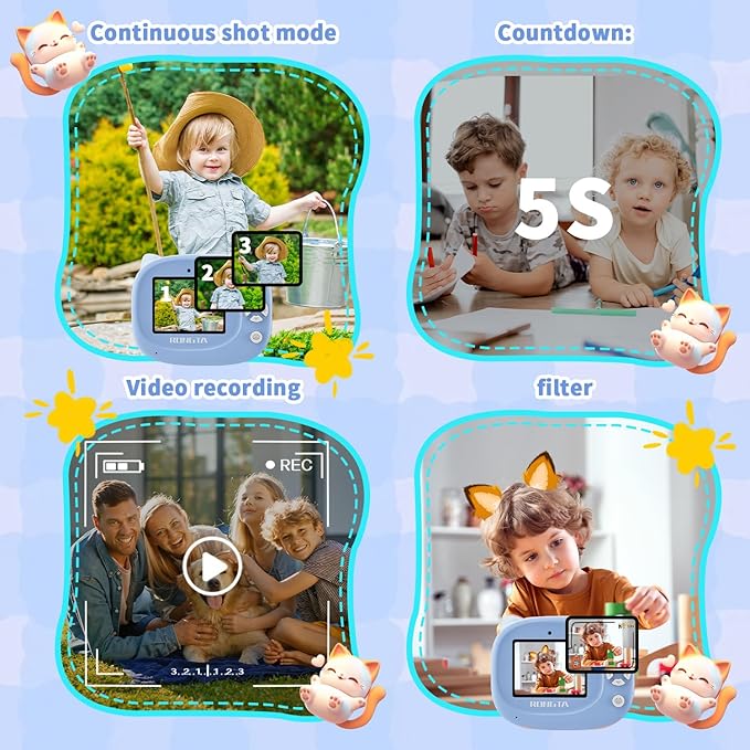 Portable Instant Camera for Kids Print Photos Travel Digital 1080P Video Camera for Toddlers 3 4 5 6 7 8 Year Old Boy Holiday Christmas Birthday Gifts (Blue)