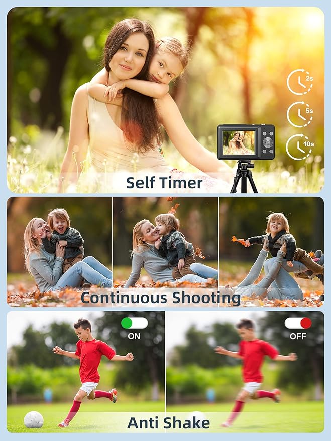 Digital Camera, Camkory FHD 1080P Kids Camera 44MP Point and Shoot Digital Cameras with 32GB SD Card, 16X Zoom, Two Batteries, Lanyard, Compact Small Camera for Kids Boys Girls