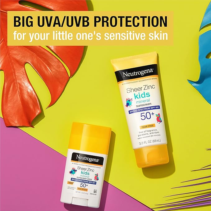 Neutrogena Sheer Zinc Oxide Kids Mineral Sunscreen Lotion, Broad Spectrum SPF 50+ with UVA/UVB Protection, Water-Resistant for 80 Minutes, Paraben-, Dye-, Fragrance- & Tear Free, 3 fl. oz