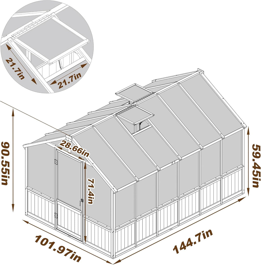MUPATER 8' x 12' Outdoors Walk-in Greenhouse, Wood Greenhouse with Ventilated Window and Lockable Door, 6mm Polycarbonate Panels for UV Protection and Heat Insulation,Suitable for Patio, Backyard