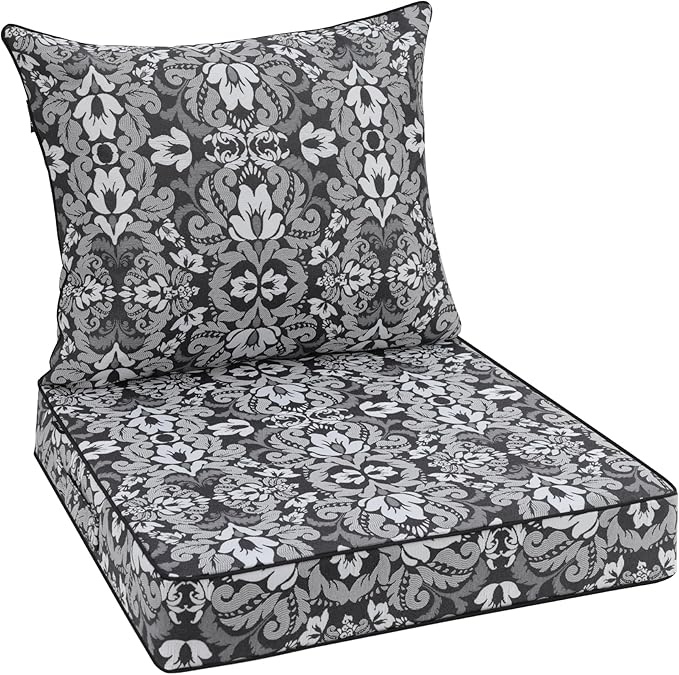 Favoyard Outdoor Seat Cushion 19 x 19 x 3 in Waterproof Pattern Fade Resistant Cover Removable Patio Furniture Cushions Deep Seat & Back Cushion Set with Adjustable Straps for Patio Chair Sofa Couch
