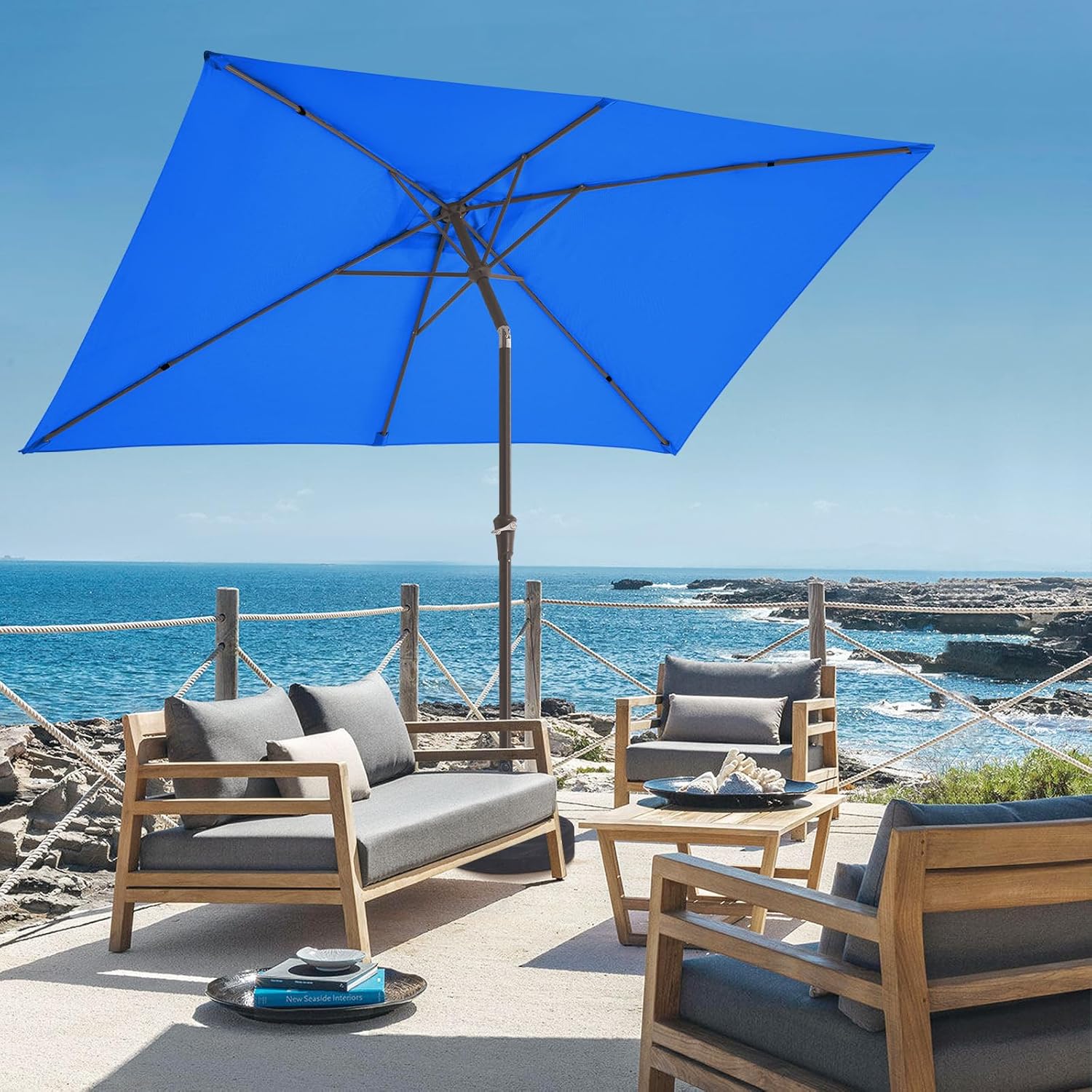 JEAREY 6.5x10 ft Rectangular Patio Umbrellas Outdoor Market Umbrella with Push Button Tilt and Crank, Rectangle Table Umbrella 6 Sturdy Ribs UV Protection for Pool Garden Backyard Deck, Royal Blue