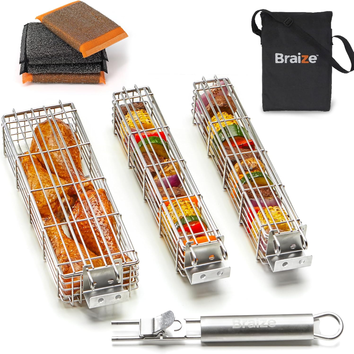 Large Grilling Basket Set – 3 Stainless Steel Kabob Baskets with Removable Handle & Scrubber Sponge – Heavy-Duty Grill Accessory for Veggies, Meat & More