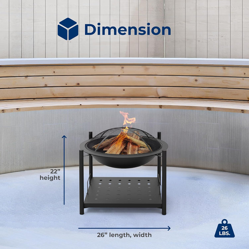 SereneLife Portable Outdoor Fire Pit - 2-in-1 Steel BBQ Grill and 26" Wood Burning Fire Pit Bowl with Mesh Spark Screen, Log Grate, Fire Poker, and Cover for Camping, Picnic, Bonfires