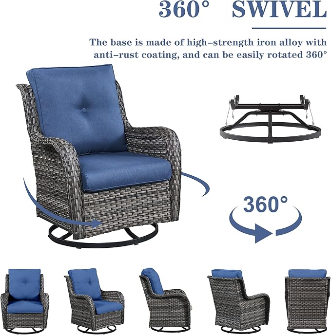 5 Piece Outdoor Patio Furniture Set - Wicker Furniture Patio Conversation Set, Outdoor Swivel Rocker Chairs with Loveseat Sofa and 2 Ottomans for Small Space, Blue Cushion