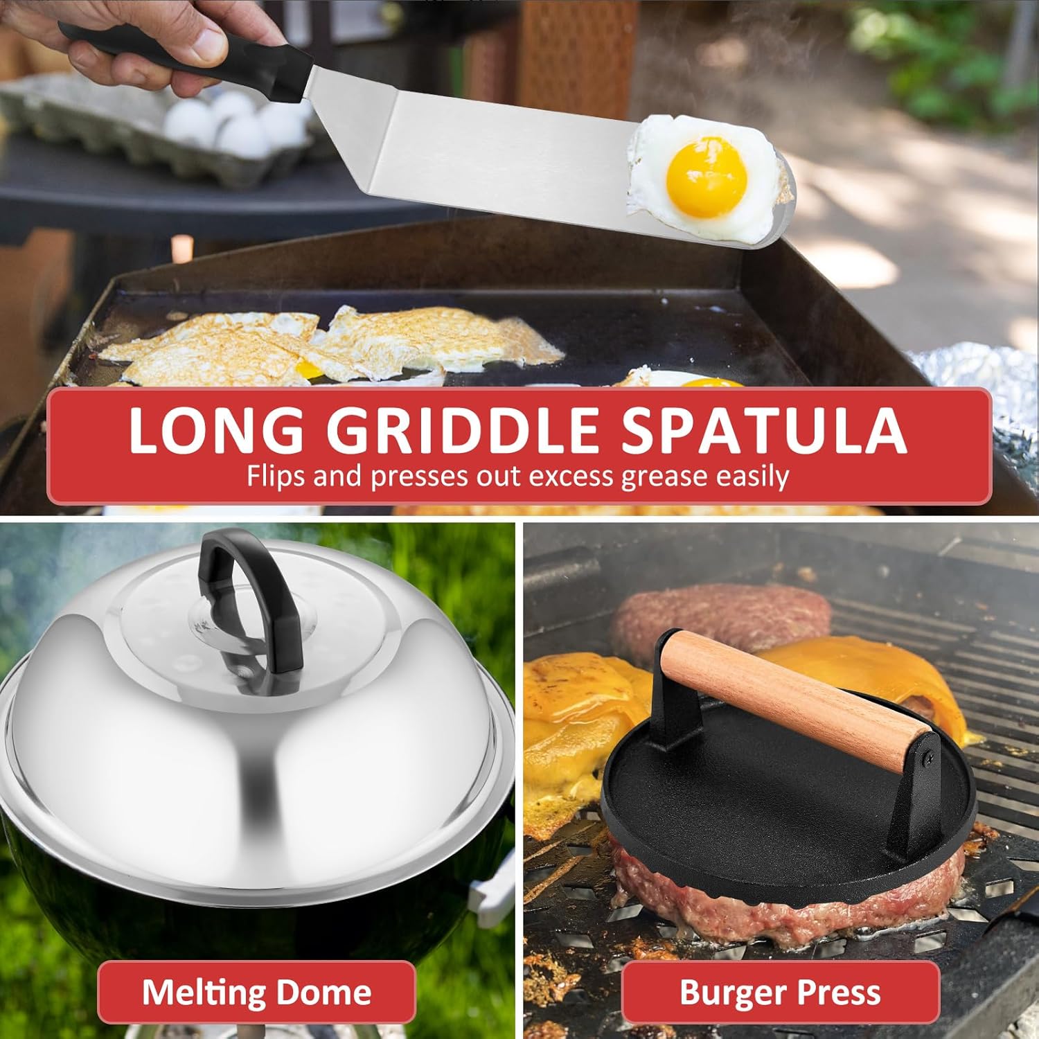 25Pcs Griddle Accessories Kit, Leonyo Flat Top Grill Accessories for Outdoor, Professional BBQ Griddle Tools Smash Burger Press Kit with Enlarged Spatulas Scraper, Basting Cover - PP Handle