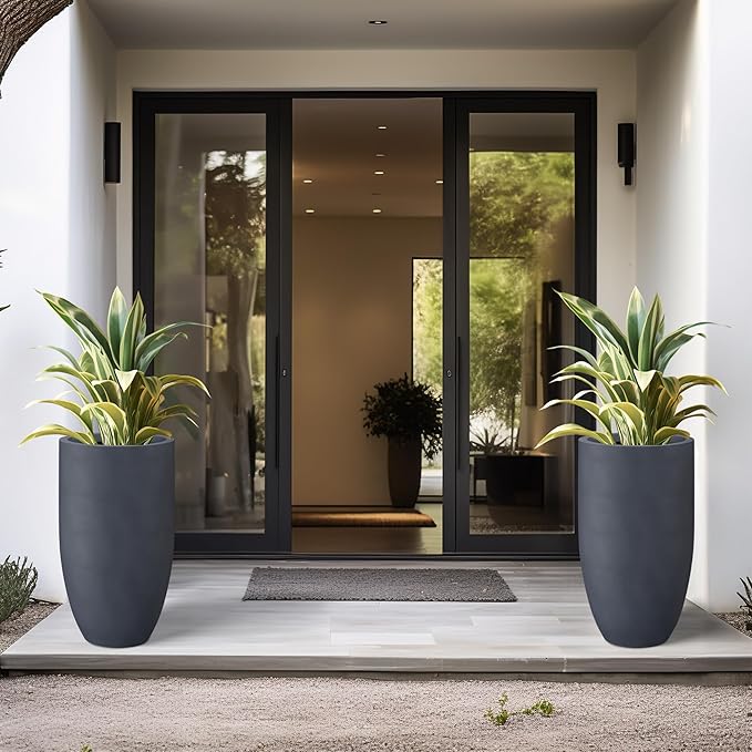 Kante 24 Inch Tall Round Concrete Planter, 2 Pack Large Indoor Outdoor Plant Pots with Drainage Hole and Rubber Plug, Modern Decorative Garden Pots for Home Patio Porch, Charcoal