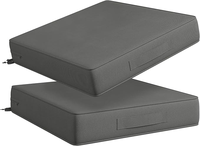 Codi Outdoor Chair Cushions 19x19 Inch, Waterproof Seat Cushion for Patio Furniture with Handles & Adjustable Straps, Fade Resistant - Set of 2, Grey