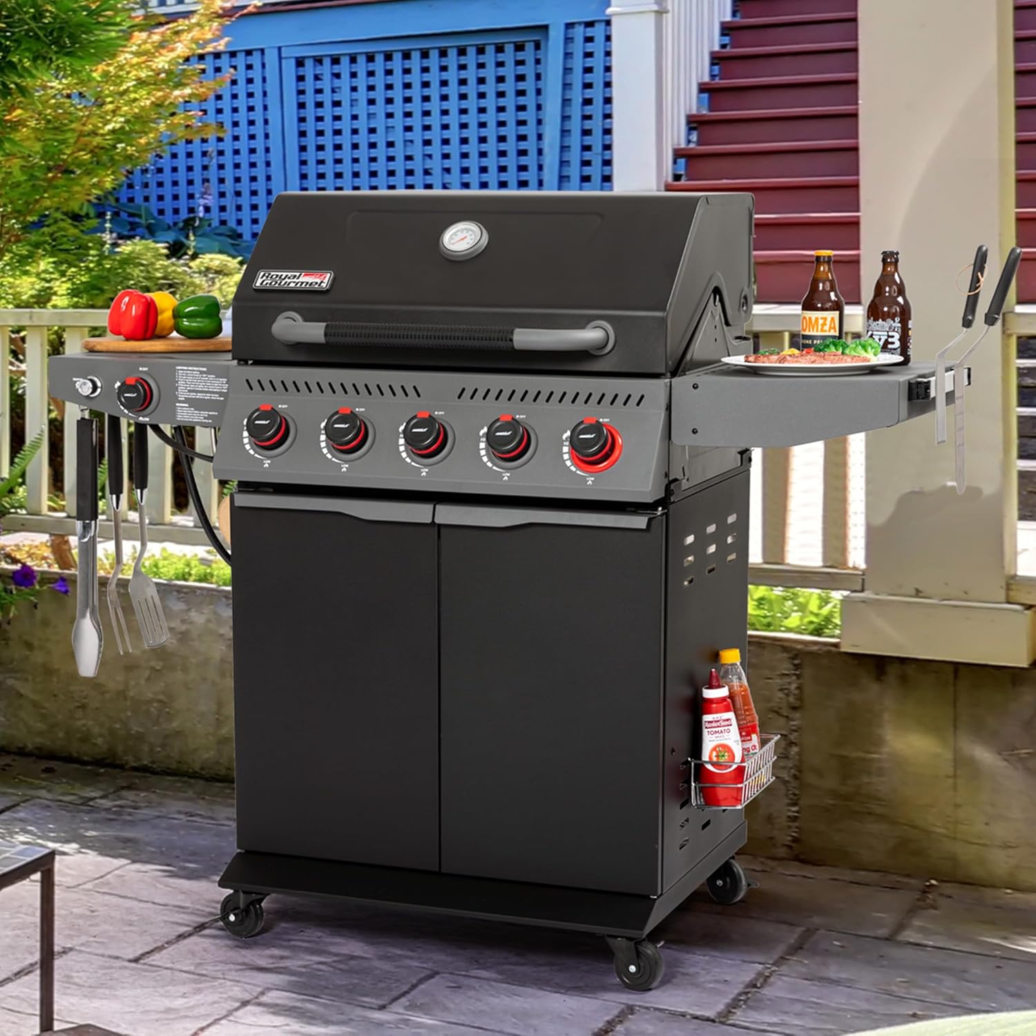 Royal Gourmet GA5407H 5 Burner Propane Gas Grill with Foldable Right-Side Table & Warming Rack, Cabinet Style Gas BBQ Grill for Barbecue Grilling & Backyard Cooking, Black