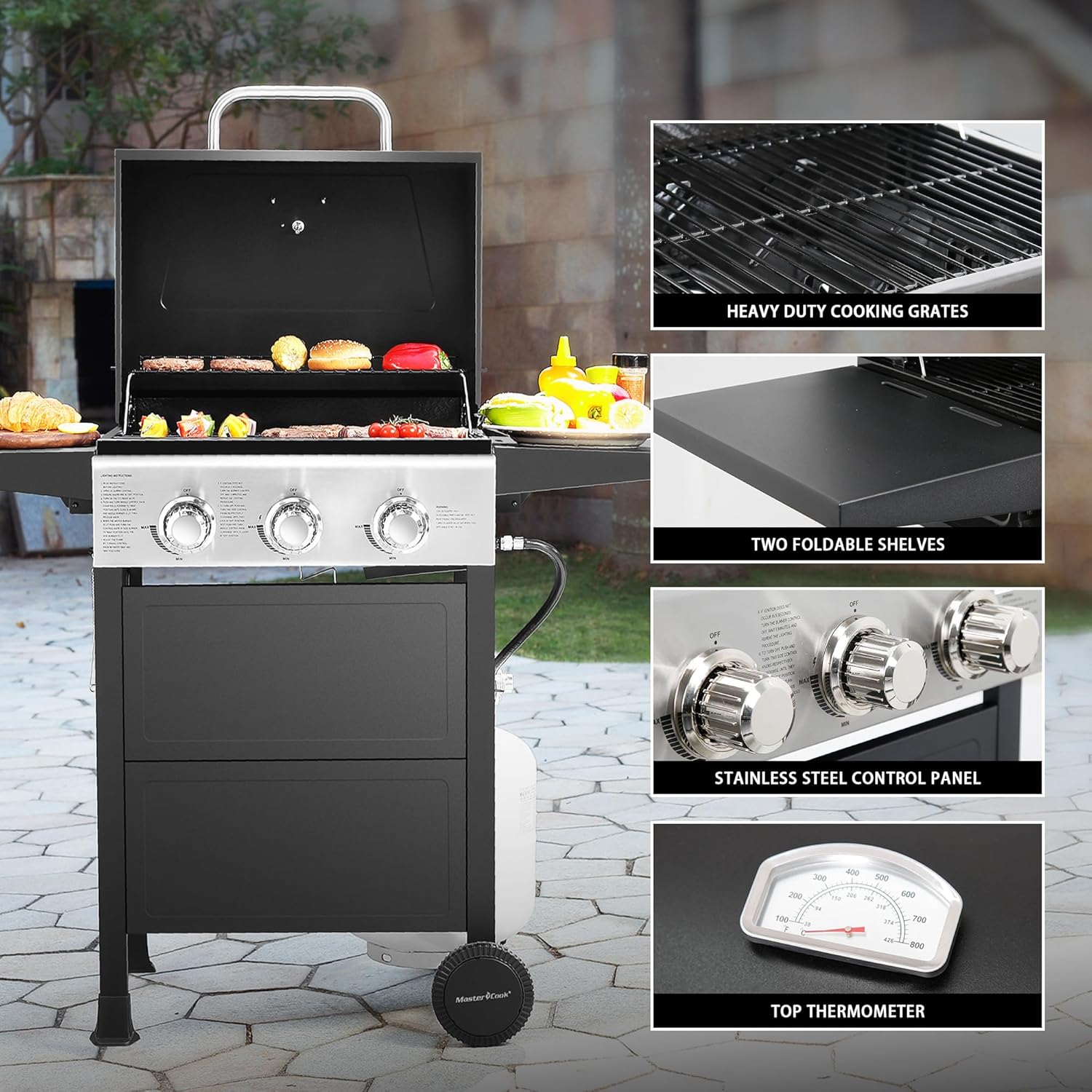 MASTER COOK 3 Burner BBQ Propane Gas Grill, Stainless Steel 30,000 BTU Patio Garden Barbecue Grill with Two Foldable Shelves