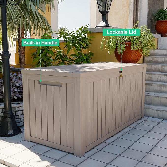 180 Gallon Outdoor Deck Box,Storage Lockable Waterproof Patio Furniture,Garden Tools,Cushions,Pool Accessories Outside Storage Resin Box(Grey)