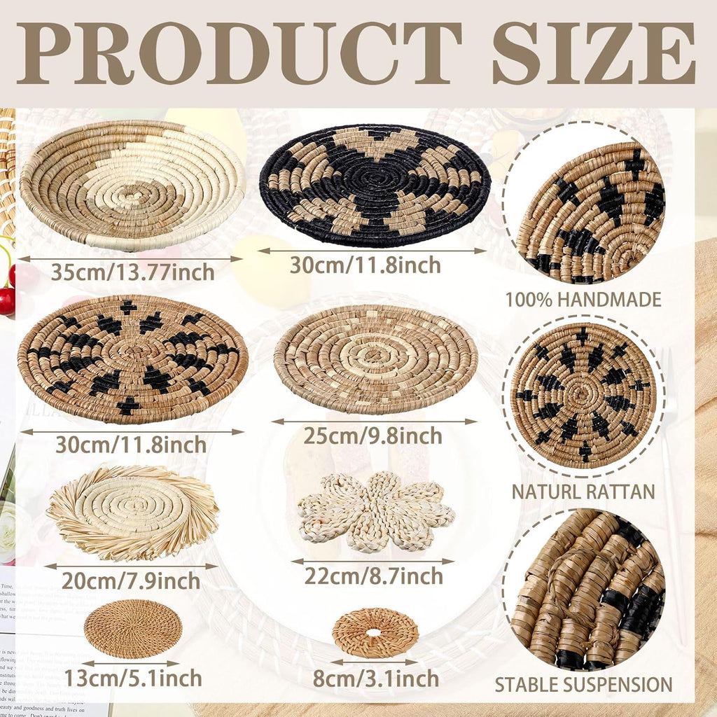 Xuhal 11 Pcs Boho Hanging Wall Basket Decor Handmade Woven Basket Wall Decorative Boho Wicker Baskets Placemats Round Farmhouse Bulrush Art for Rustic Home Decorations Christmas Gift(Rustic)