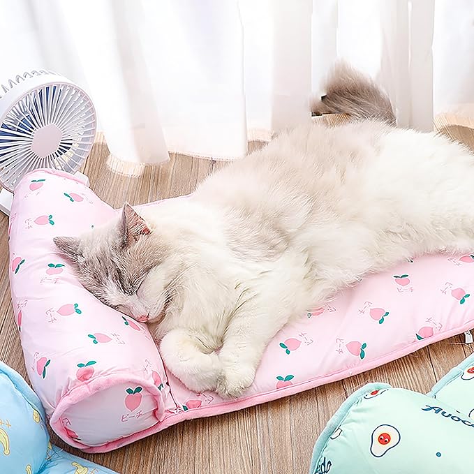 PUMYPOREITY Cooling Dog Bed, Pet Cooling Mat with Pillow, Ice Silk Cooling Dog Blanket, Self Cooling Pad for Cat,Dog, Washable Summer Pet Mat for Kennel, Crates, Sofa, Floor, Pink, S