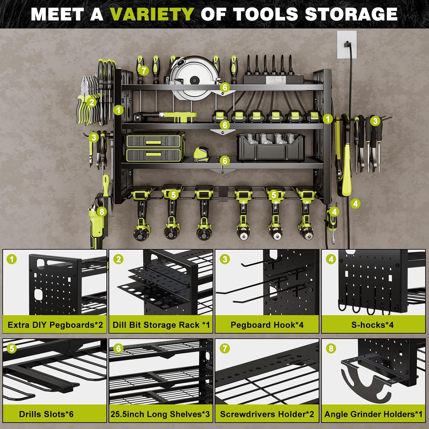 Power Tool Organizer Wall Mount with Charging Station 4 Layer 6 Slot Cordless Drill Holder with Angle Grinder Holder (Black)