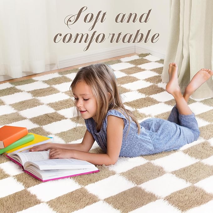 Super Soft Rug for Bedroom, 6x9 Ft Beige and White Area Rug Classic Checkered Shaggy Anti-Skid High Pile Soft Fluffy Rug Fuzzy Carpet for Living Room Bedroom Kids Room Nursery, Dorm Home Decor