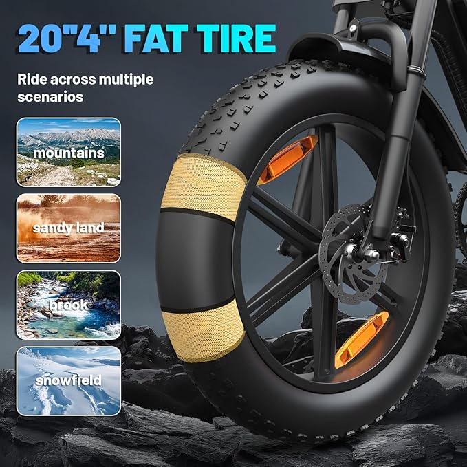 E500 Electric Bike for Adults 1000W Peak Motor, 20" Fat Tire Dirt E-Bike with 35MPH, 40 Miles PAS Range, Electric Bicycles with 48V Removable Battery, 7-Speed E Bike for Mountain Beach Sand Road Snow
