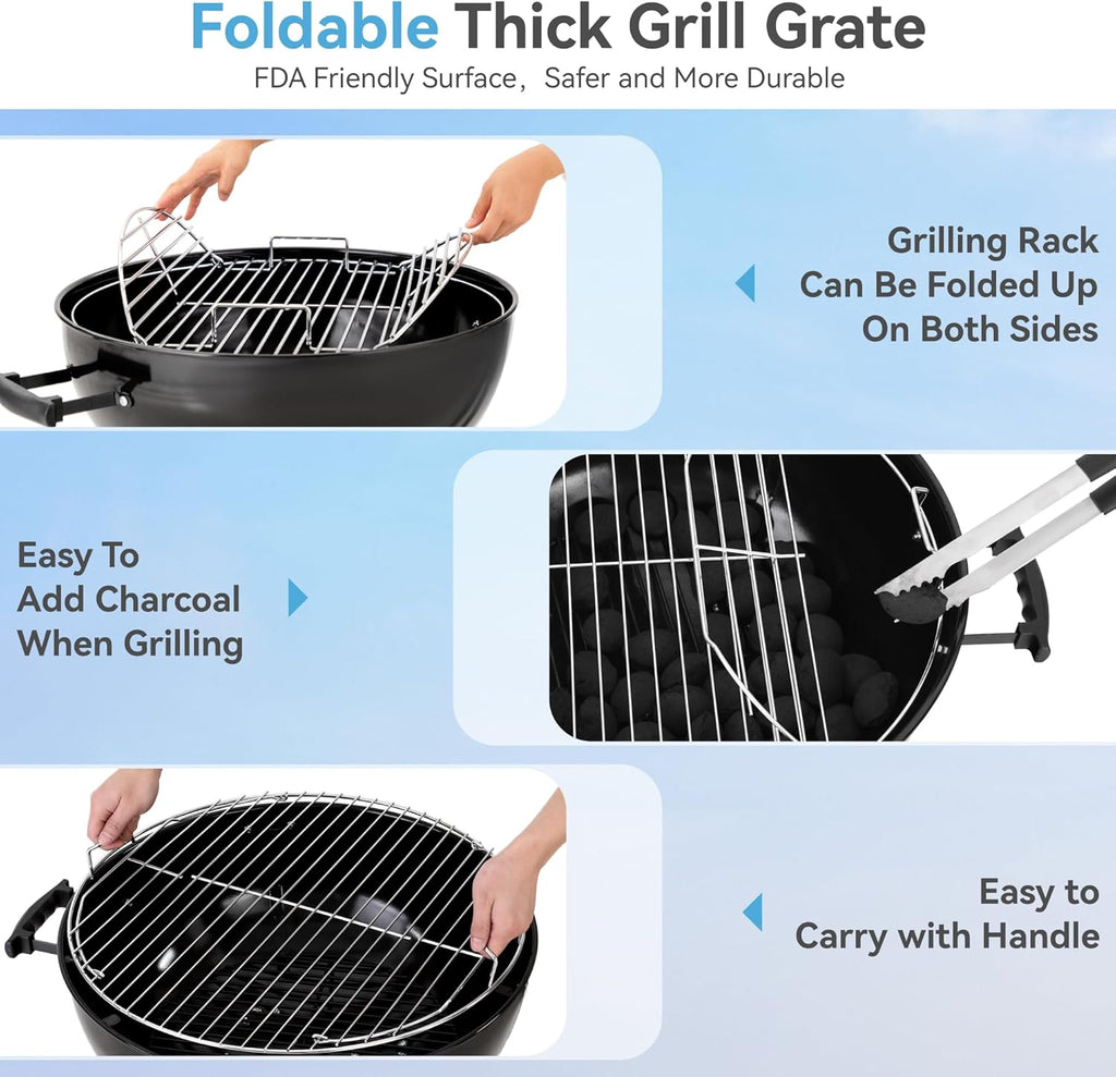 GREEN PARTY 18 inch Kettle Charcoal BBQ Grill with Wheels, Portable Charcoal Grill with Porcelain-Enameled Lid & Ash Catcher for Outdoor Cooking Barbecue Camping Picnics Tailgating
