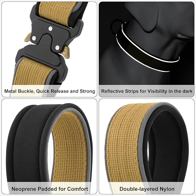 Plutus Pet Tactical Dog Collar, Reflective, Adjustable Heavy Duty Dog Collar, Soft Padded and Comfortable, for Small Medium and Large Dogs (Brown, S)