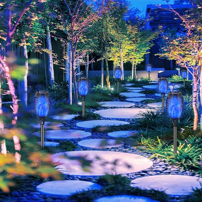 Blue Solar Lights, Halloween Decorations Outdoor 8 Pack Solar Torch Lights with Flickering Flame, 12 LED Mini Tiki Torches Waterproof for Landscape Pathway Dusk to Dawn Auto On/Off