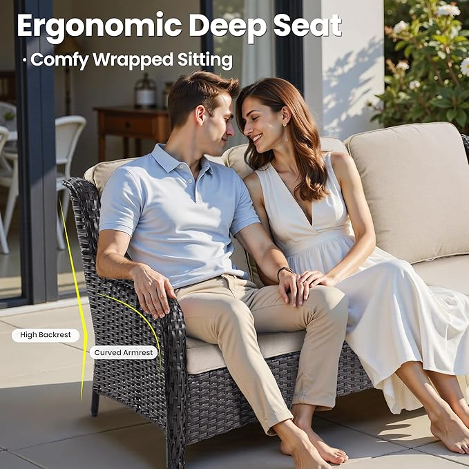 ovios 5 Pieces Patio Furniture Set with 30" Fire Pit Table, Outdoor Wicker Sofa with Loveseat, Comfy Cushions, High Back Couch Conversation Set, Brown Rattan, Beige