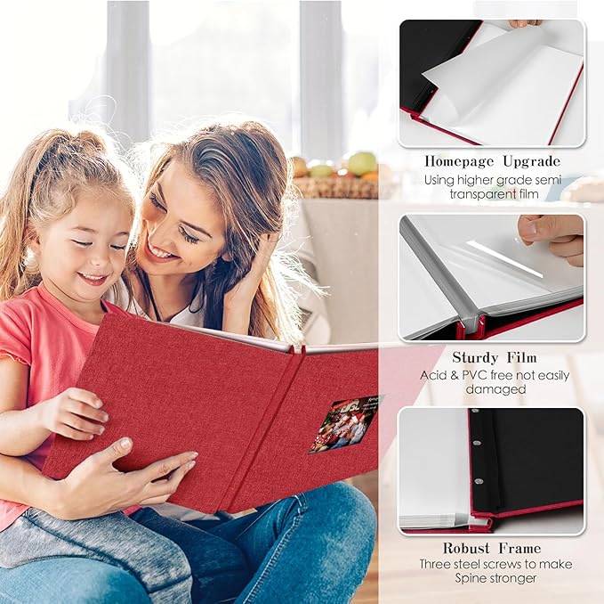 Spbapr Large Photo Album Self Adhesive 4x6 5x7 8x10 10x12 Pictures Magnetic Scrapbook 40 Blank Pages Linen Cover DIY Album with A Metal Pen Red